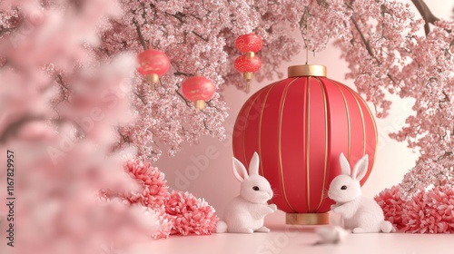Joyful Lunar New Year Celebration with Dancing Bunnies, Lantern, and Cherry Blossoms in Vibrant Wallpaper Design. 3D Render Digital Artwork.