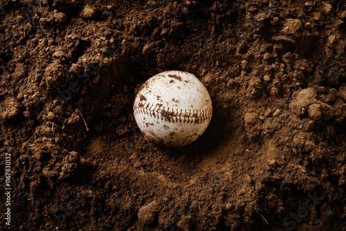 Hidden treasure reveals itself in the earth, a baseball resting in rich brown soil on a sunny afternoon photo