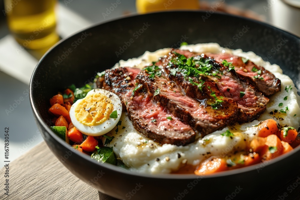 Culinary delight featuring perfectly cooked steak served over creamy mashed potatoes with vibrant vegetables Culinary delight featuring perfectly cooked steak served over creamy mashed potatoes with vibrant vegetables