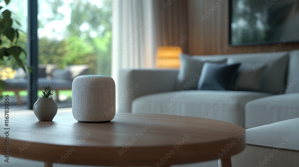 Obraz premium Modern Smart Speaker on Wooden Coffee Table in a Luxurious Living Room with a Garden View. generative ai