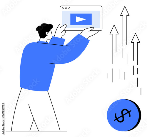 Person holding video screen, arrows indicating growth, dollar symbol representing money and success. Ideal for financial growth, content creation, online platforms, video marketing, entrepreneurship