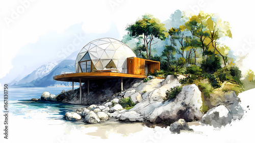 Secluded shoreline accommodation built using geodesic dome method. Shoreline. Illustration
