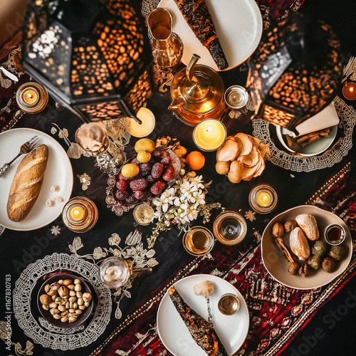 A beautifully crafted Ramadan Iftar table with traditional foods, dates, bread, and tea, reflecting the joy and spirit of breaking fast photo