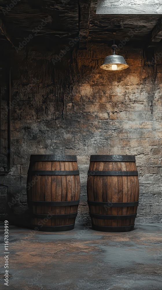 Craftsmanship Shines in Two Oak Barrels Resting on a Concrete Floor in a Dimly Lit Warehouse. Generative AI Craftsmanship Shines in Two Oak Barrels Resting on a Concrete Floor in a Dimly Lit Warehouse. Generative AI