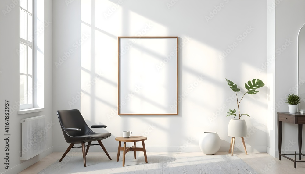 minimalist studio with frame mockup, leaning on white wall, sleek black chair, wooden table, soft natural light, clean decor, modern simplicity, serene atmosphere minimalist studio with frame mockup, leaning on white wall, sleek black chair, wooden table, soft natural light, clean decor, modern simplicity, serene atmosphere