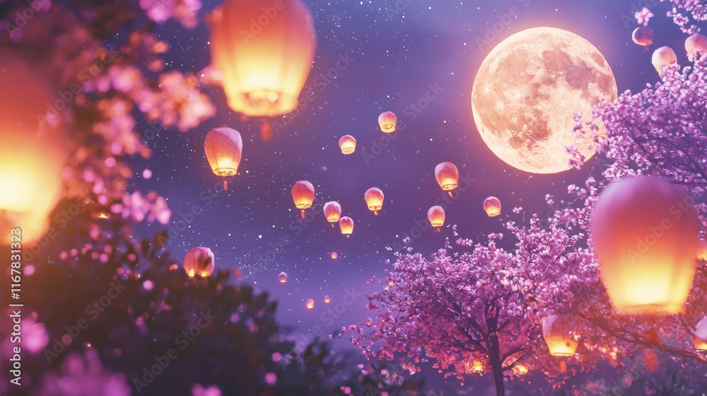 Fototapeta premium Magical Lunar New Year Celebration under the Moonlit Sky: Enchanting 3D Render with Lanterns, Flowers, and Cute Animals