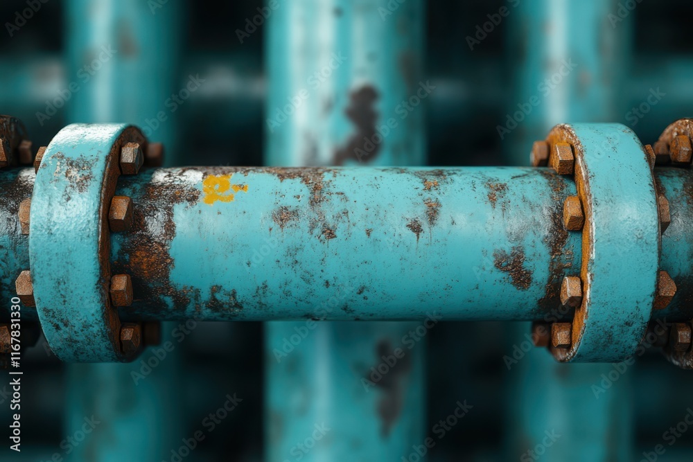 Rusty turquoise pipes showcase intricate details of industrial design and weathered beauty in an urban setting Rusty turquoise pipes showcase intricate details of industrial design and weathered beauty in an urban setting