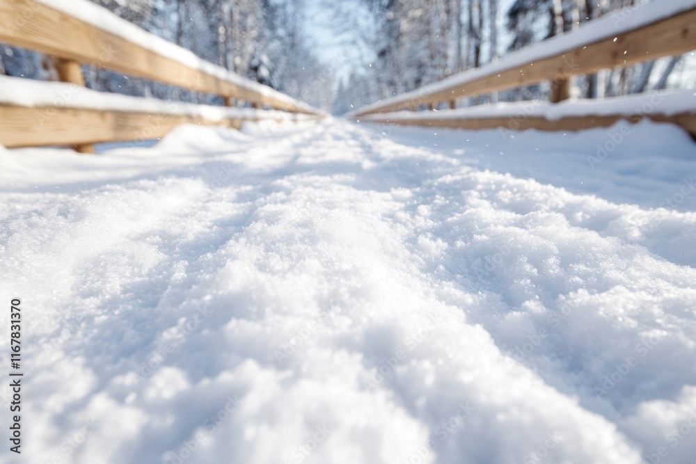 Snow-covered pathway invites exploration through a tranquil winter wonderland under a clear blue sky Snow-covered pathway invites exploration through a tranquil winter wonderland under a clear blue sky