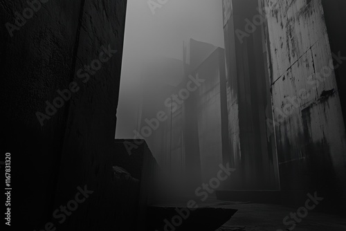 Mysterious fog envelops towering concrete structures in urban landscape at dawn photo