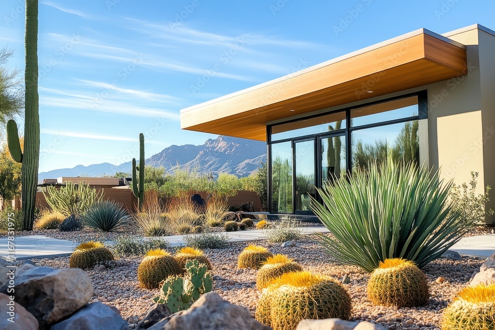 Obraz premium Modern desert home blends with nature in a serene landscape under a clear blue sky
