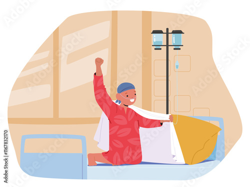 Happy cheerful little child cartoon character struggling with oncology disease in superhero pose