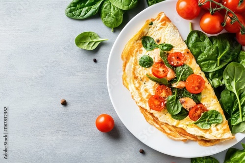 Delicious spinach and tomato omelette served fresh on a white plate with vibrant greens photo