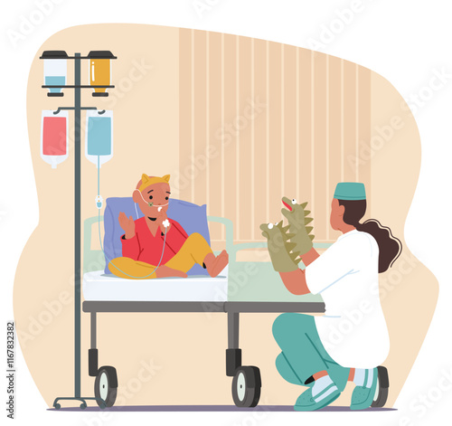 Female nurse supporting and entertaining little child suffering from cancer cartoon vector scene