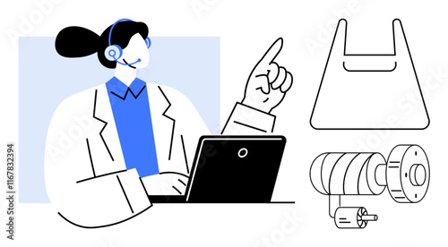 Woman wearing headset using laptop, pointing upwards. Includes plastic bag and industrial equipment. Ideal for customer service, technology, innovation, communication, environmental issues, industry