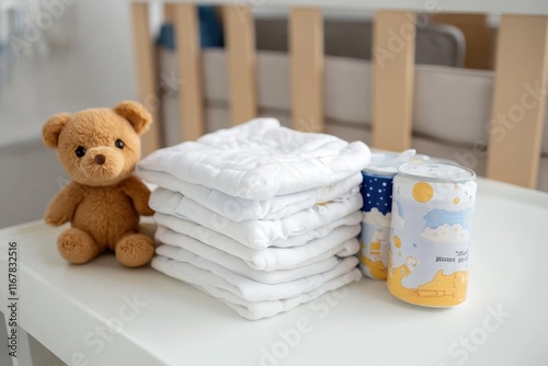 Cozy nursery corner with stacked diapers and a teddy bear ready for a little one’s arrival photo