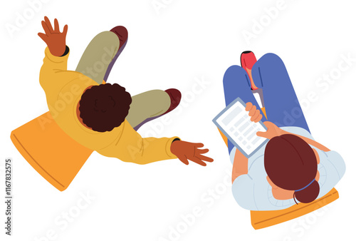 Man and woman having therapeutic conversation or business discussion sitting in chair overhead view