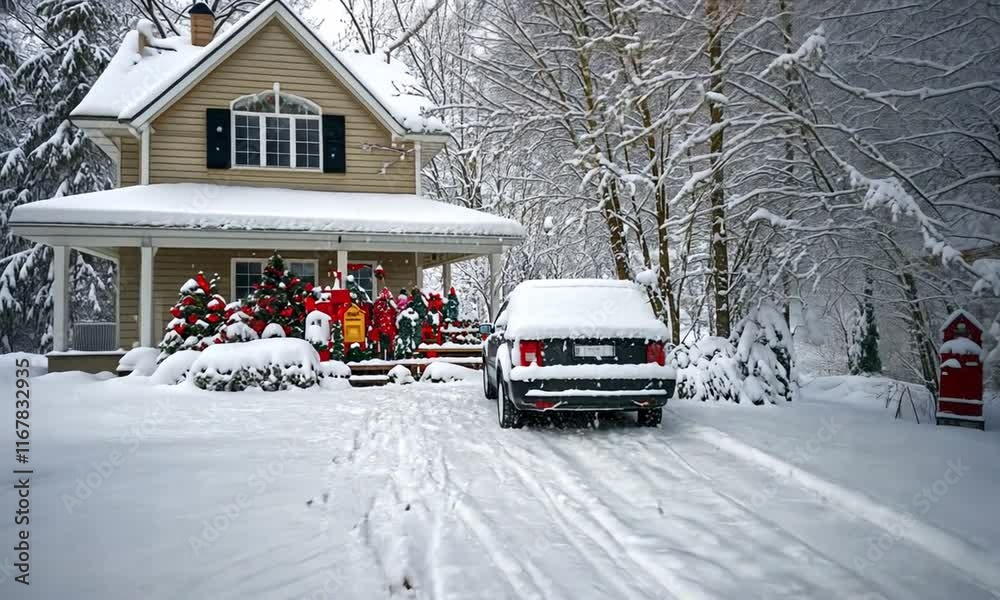 Snowy Christmas House with Family Gathering Snowy Christmas House with Family Gathering