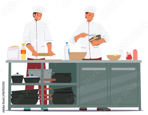 Baker team restaurant kitchen staff cooking kneading and rolling out dough vector illustration