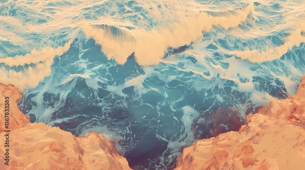 Overhead shot of sandy beach and turquoise sea waves creating a serene and vibrant coastal scene. generative ai. Shoreline. Illustration Overhead shot of sandy beach and turquoise sea waves creating a serene and vibrant coastal scene. generative ai. Shoreline. Illustration
