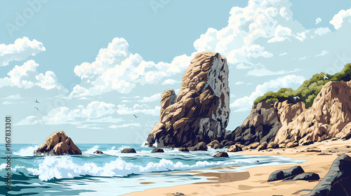 Natural rock formation eroded by ocean tides at shoreline. Shoreline. Illustration