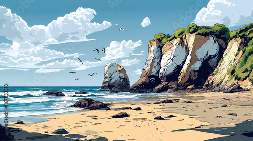 Natural rock formation eroded by ocean tides at shoreline. Shoreline. Illustration