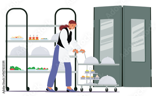 Woman waitress cartoon character in uniform pushing trolley cart with freshly cooked served dishes