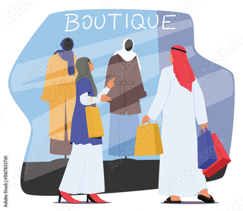 Arabic family couple characters walking with shopping bags standing at boutique window showcase