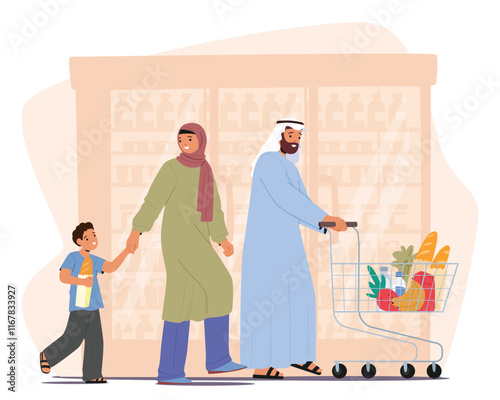 Happy muslim family cartoon characters shopping at grocery store scene vector illustration