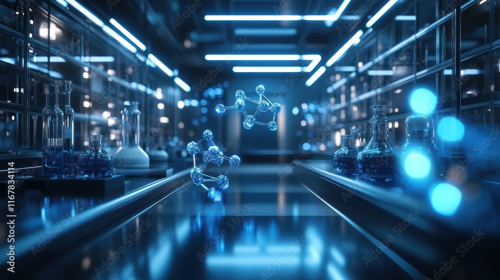 Obraz premium Futuristic laboratory interior with glowing molecules.