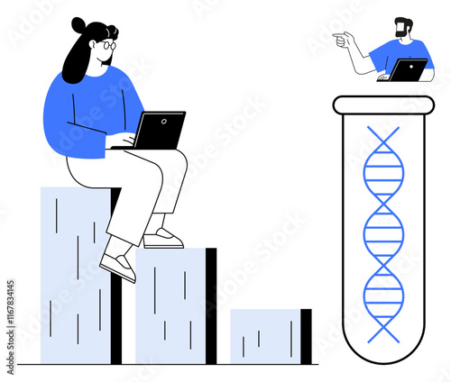 Colleague using laptop on bar graph while another researcher with laptop points to large DNA helix in test tube. Ideal for teamwork, research, data analysis, genetics, collaboration, bioinformatics