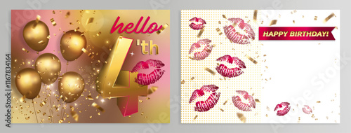 Happy 40th birthday card. Luxury invitation double card . Greeting card background with golden confetti and golden balloons.