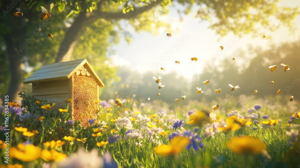 Obraz premium Honeybees buzzing around a beehive in a vibrant flower meadow bathed in sunlight.