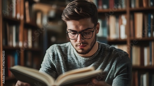 Young Man Reading Book in Library Setting photo