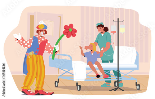 Cute funny clown congratulating supporting little girl child fighting against cancer cartoon scene
