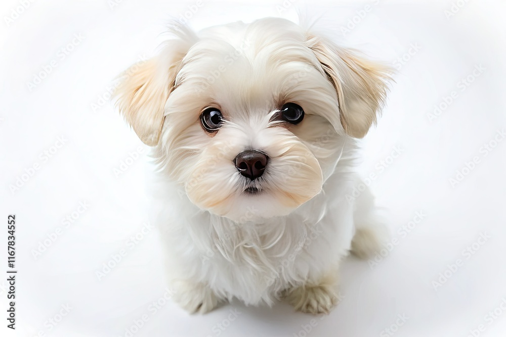 Adorable Maltese puppy, fluffy white fur, isolated on white.  A cute, aerial view of a tiny lapdog.