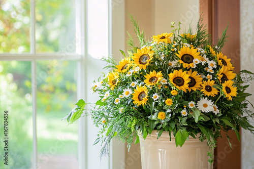 Beautiful sunflower and daisy floral decor for a cozy living room