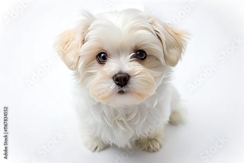 Adorable Maltese puppy, fluffy white fur, isolated on white.  A cute, aerial view of a tiny lapdog.