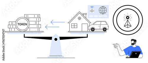 Scales balancing digital tokens with house and car imagery. Ideal for conceptual finance, blockchain, real estate, investment, cryptocurrency, digital assets, technology trends. Abstract line flat