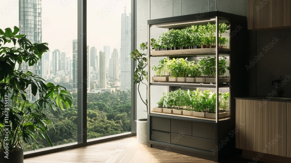Fototapeta premium Urban Oasis: Cinematic View of Sustainable Indoor Farm in Modern Apartment