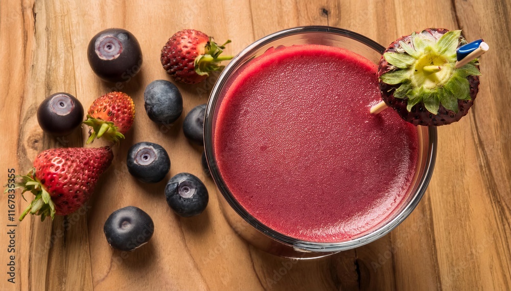 Glass of beetroot and berry boost juice with fresh ingredients on wooden table Glass of beetroot and berry boost juice with fresh ingredients on wooden table