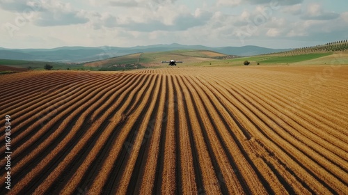 Aerial view of crop duster spraying farmland.