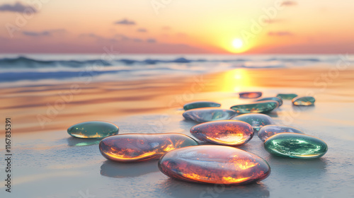 Colorful glass stones reflecting sunset over sandy beach shoreline at dusk. thalassic. illustration. Shoreline. Illustration
