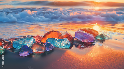 Colorful glass stones reflecting sunset over sandy beach shoreline at dusk. thalassic. illustration. Shoreline. Illustration