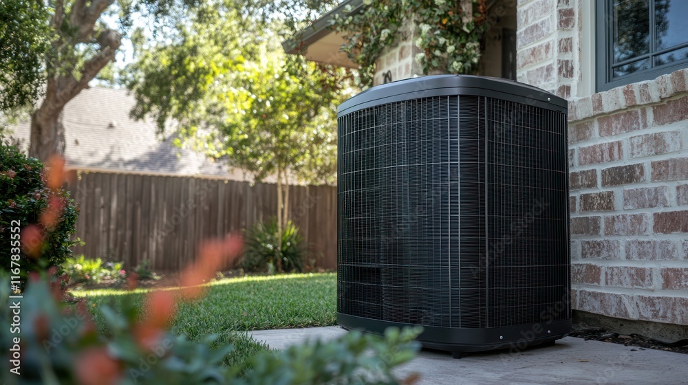 Naklejka premium Outdoor air conditioning unit beside a house.