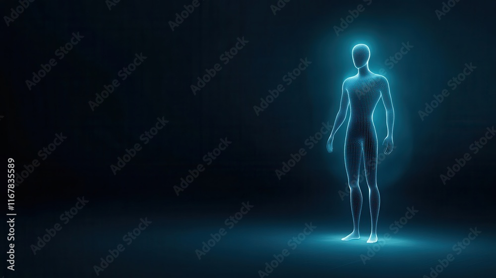 Fototapeta premium Artificial Intelligence Chatbot Concept. A glowing humanoid figure stands in a dark, futuristic space.