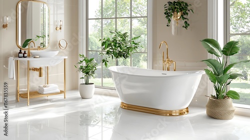 Luxurious bathroom with freestanding bathtub, gold fixtures, plants, and large windows.