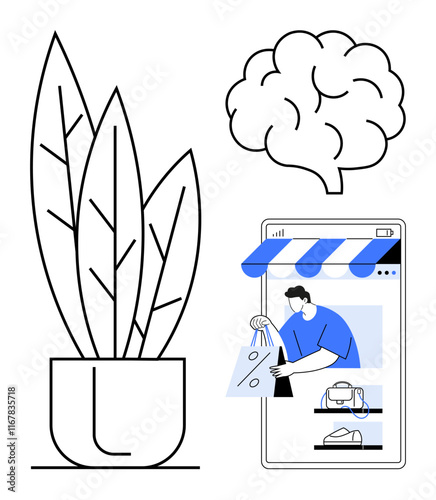 Potted plant, human brain, and online shopping on a smartphone screen. Ideal for e-commerce, mental health, balance, productivity, technology modern living mindfulness. Abstract line flat metaphor