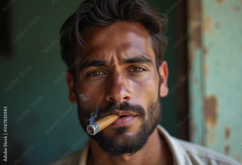 A young man from Cuba confidently smokes a cigar, embodying the rich cultural heritage of the region. His relaxed expression reflects the laid-back lifestyle typical of the area. Generative AI A young man from Cuba confidently smokes a cigar, embodying the rich cultural heritage of the region. His relaxed expression reflects the laid-back lifestyle typical of the area. Generative AI