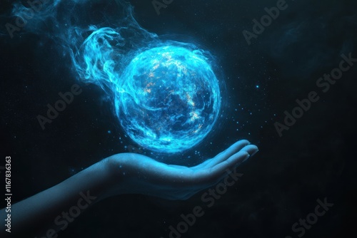 Hand Holding a Glowing Blue Orb in a Dark Universe photo