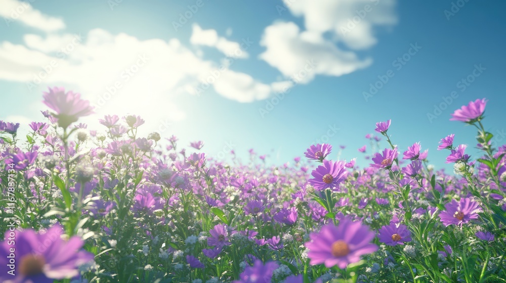 Vibrant purple flowers blooming in a sunny field under a blue sky. Vibrant purple flowers blooming in a sunny field under a blue sky.